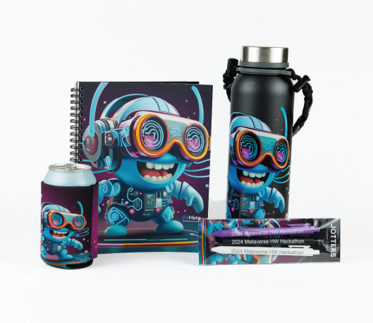 Meta Hackathon Promo set: Note book, bottle, pens, and coozie